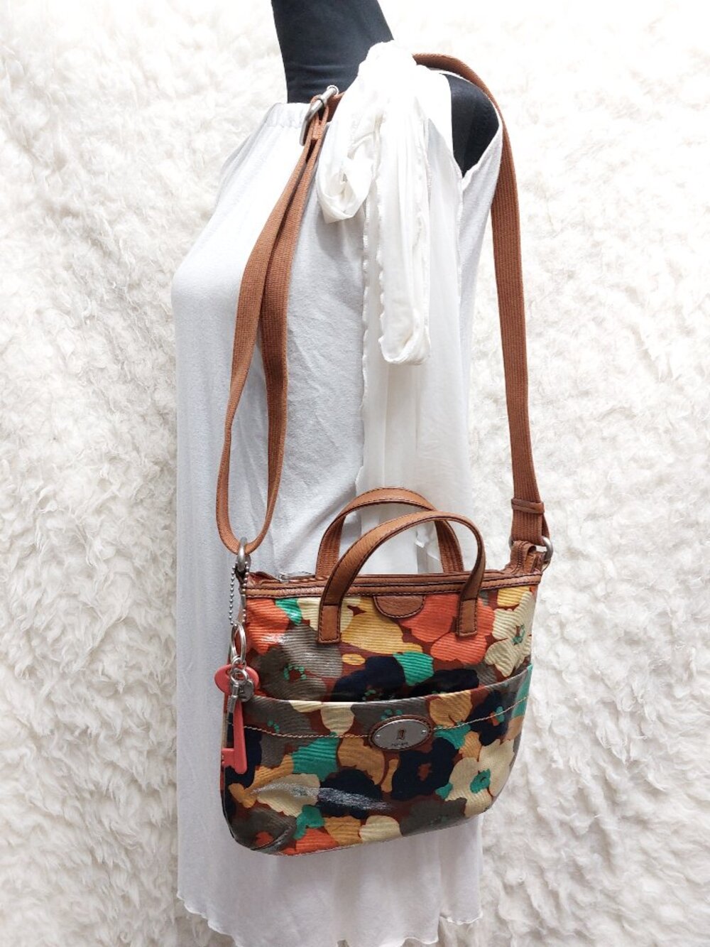 Vintage Fossil Womens Key-Per Floral Crossbody Bag Purse